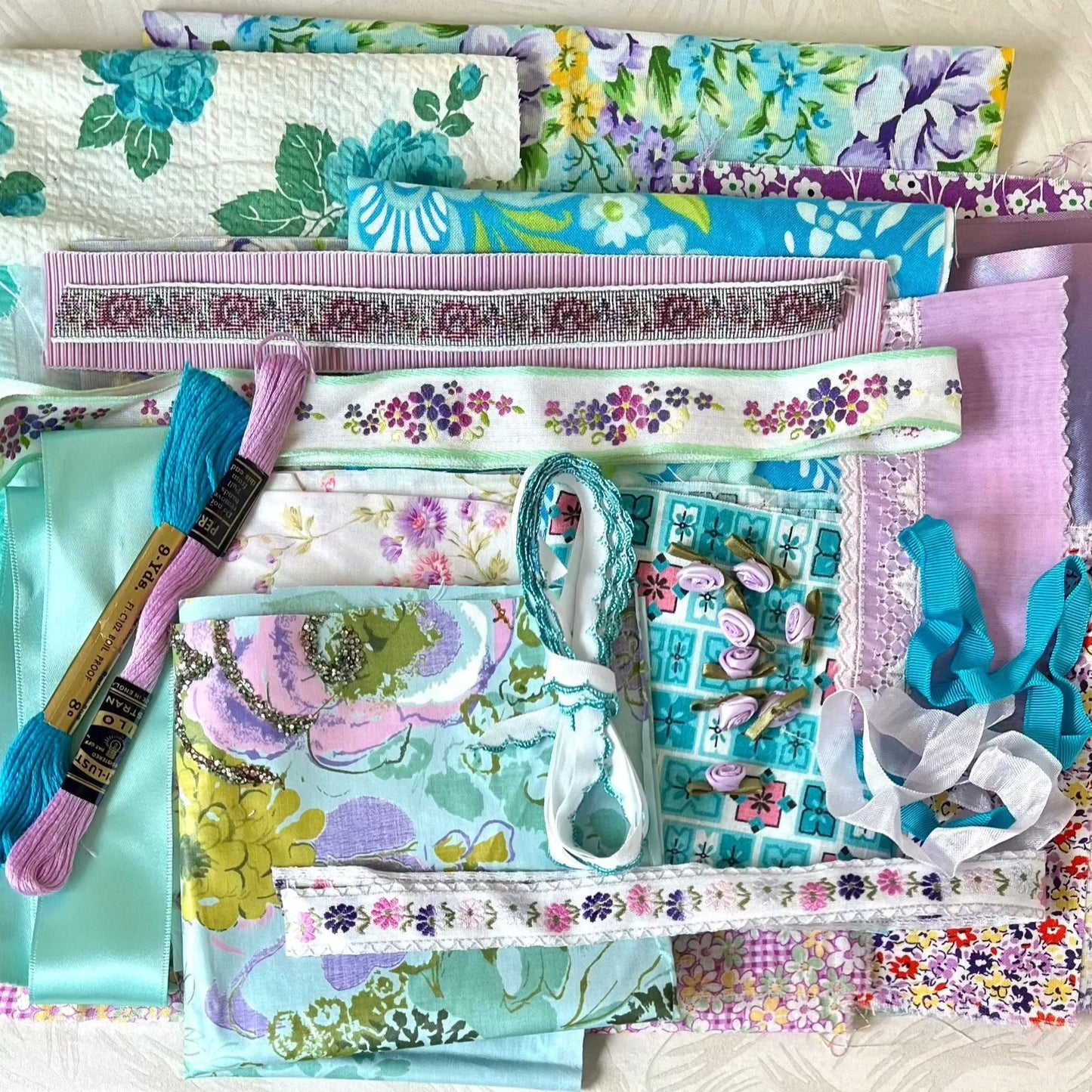 Aqua Lilac - Slow Stitch Fabric Scrap Stash