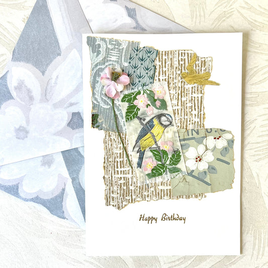 Collage Happy Birthday Embroidered Bird Card - Handmade