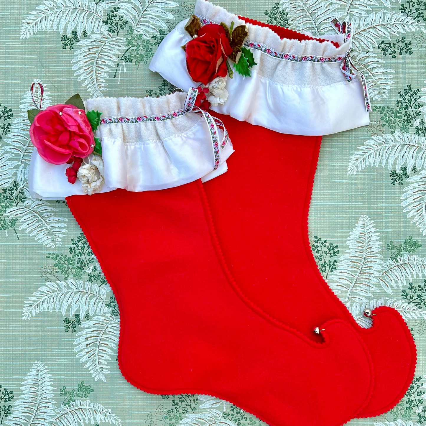 Vintage Wool Stockings - Red with White & Silk flower