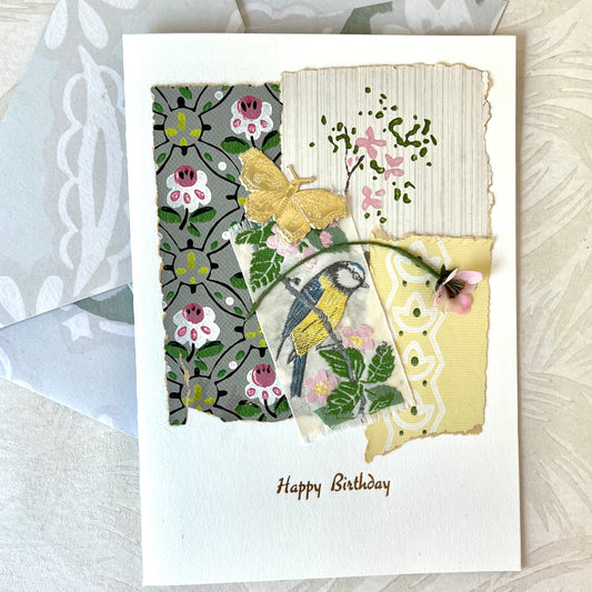 Collage Happy Birthday Embroidered Bird Card - Handmade