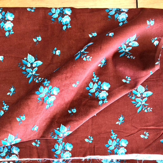 Blue Flowers on Maroon Corduroy Fabric - Vintage