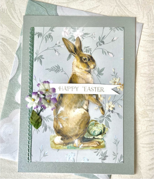 Rabbit with Flowers - Handmade Greeting Card
