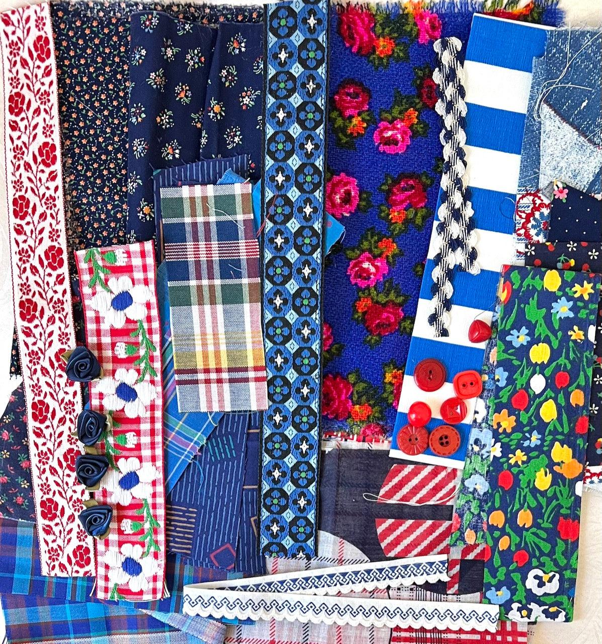 Dark Blue & Red Slow Stitch Fabric Scrap Stash