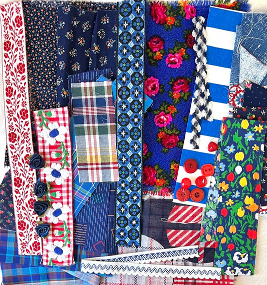 Dark Blue & Red Slow Stitch Fabric Scrap Stash