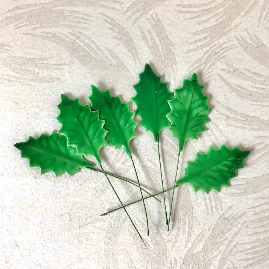 Bright Green Lacquered Holly Leaves - 6