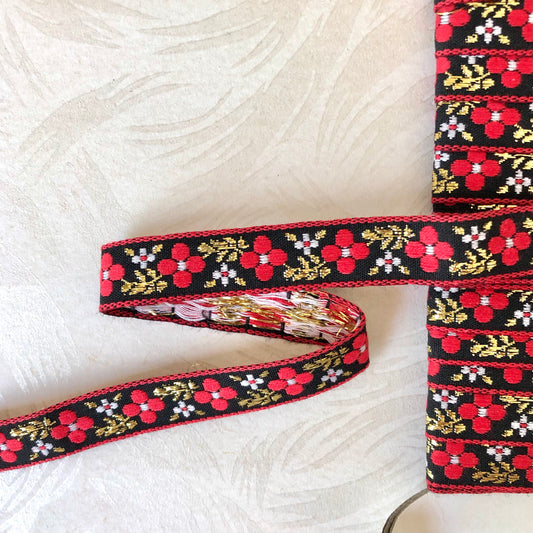 Simple Flower With Metallic Leaves Jacquard Ribbon - Vintage