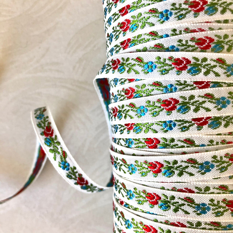 Narrow Floral Embroidered Jacquard Ribbon - Multiple Colorways