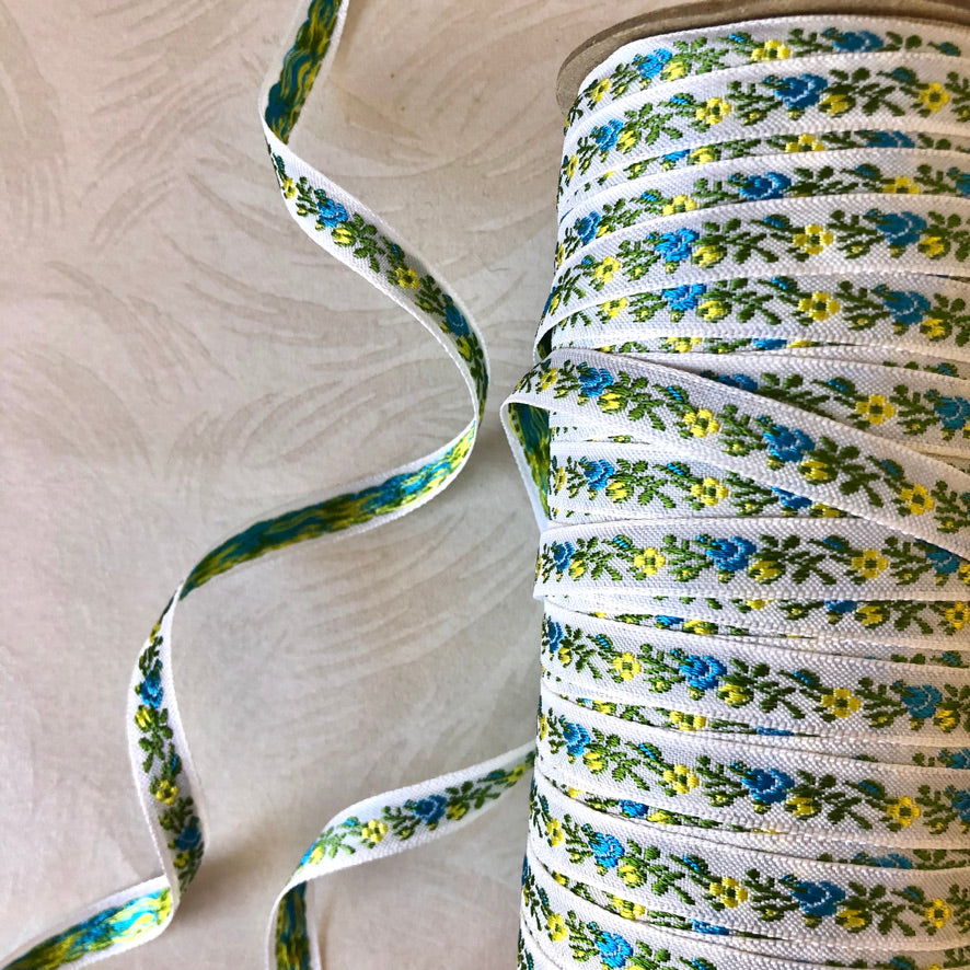 Narrow Floral Embroidered Jacquard Ribbon - Multiple Colorways