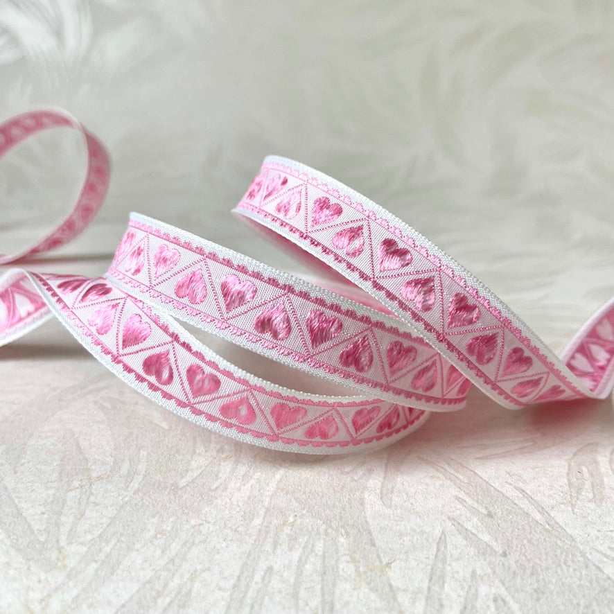 Narrow Embroidered Hearts Ribbon - Multiple Colorways