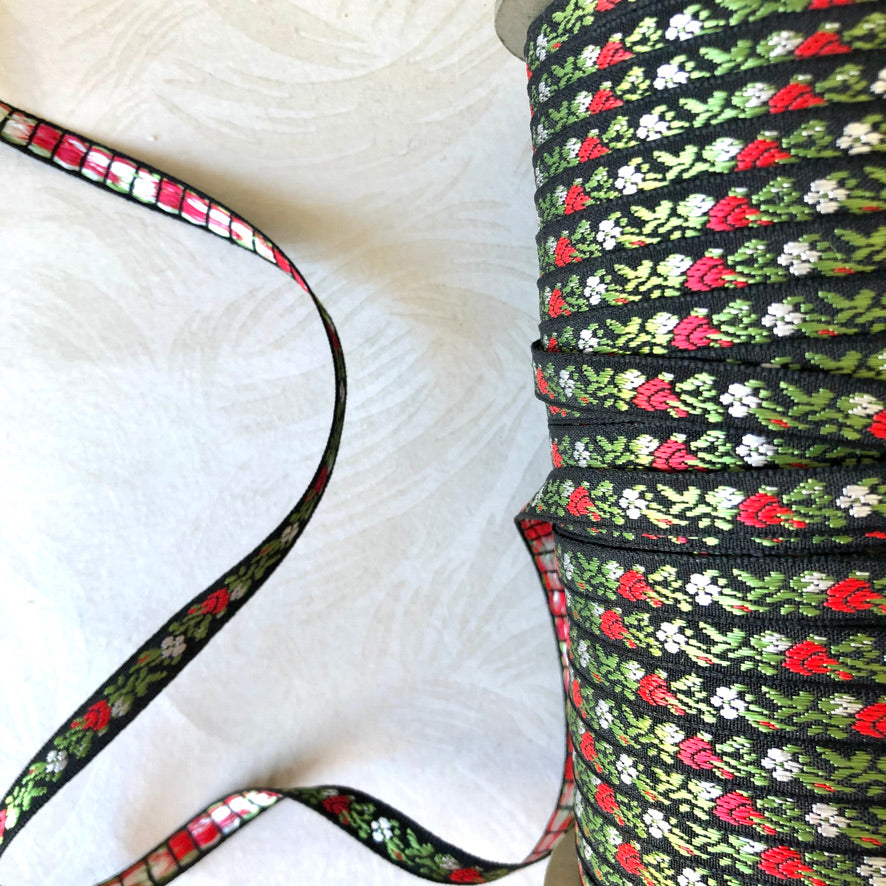 Narrow Floral Embroidered Jacquard Ribbon - Multiple Colorways