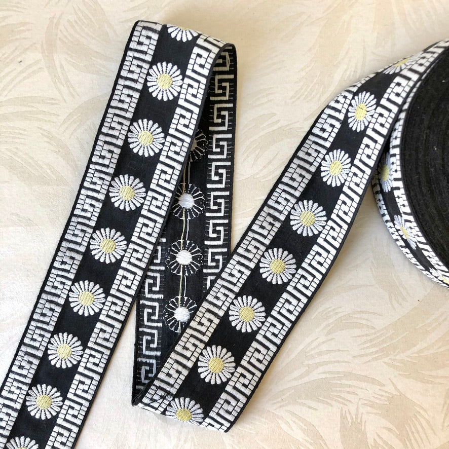 Daisy & Greek Key Embroidered Cotton Ribbon - Vintage