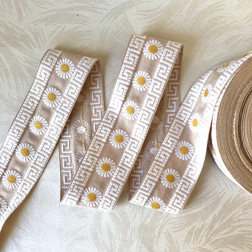 Daisy & Greek Key Embroidered Cotton Ribbon - Vintage