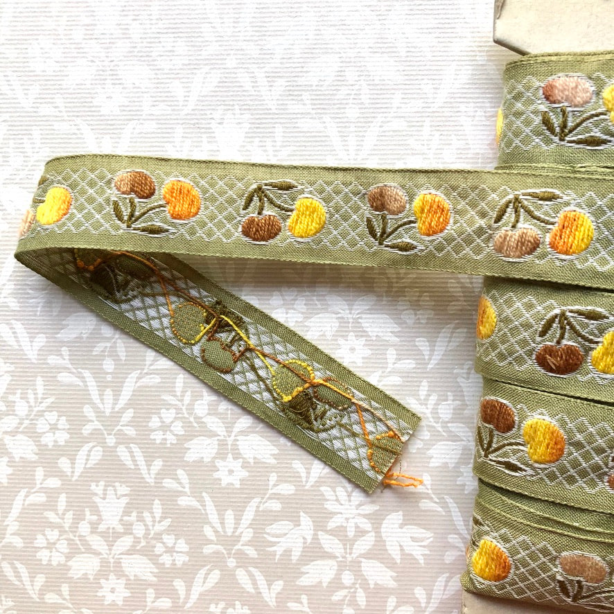 Embroidered Cherries Cotton Ribbon - Vintage - Multiple Colorways