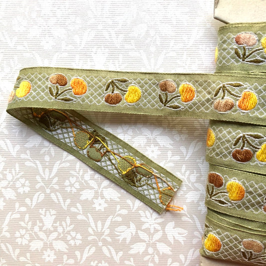 Embroidered Cherries Cotton Ribbon - Vintage - Multiple Colorways