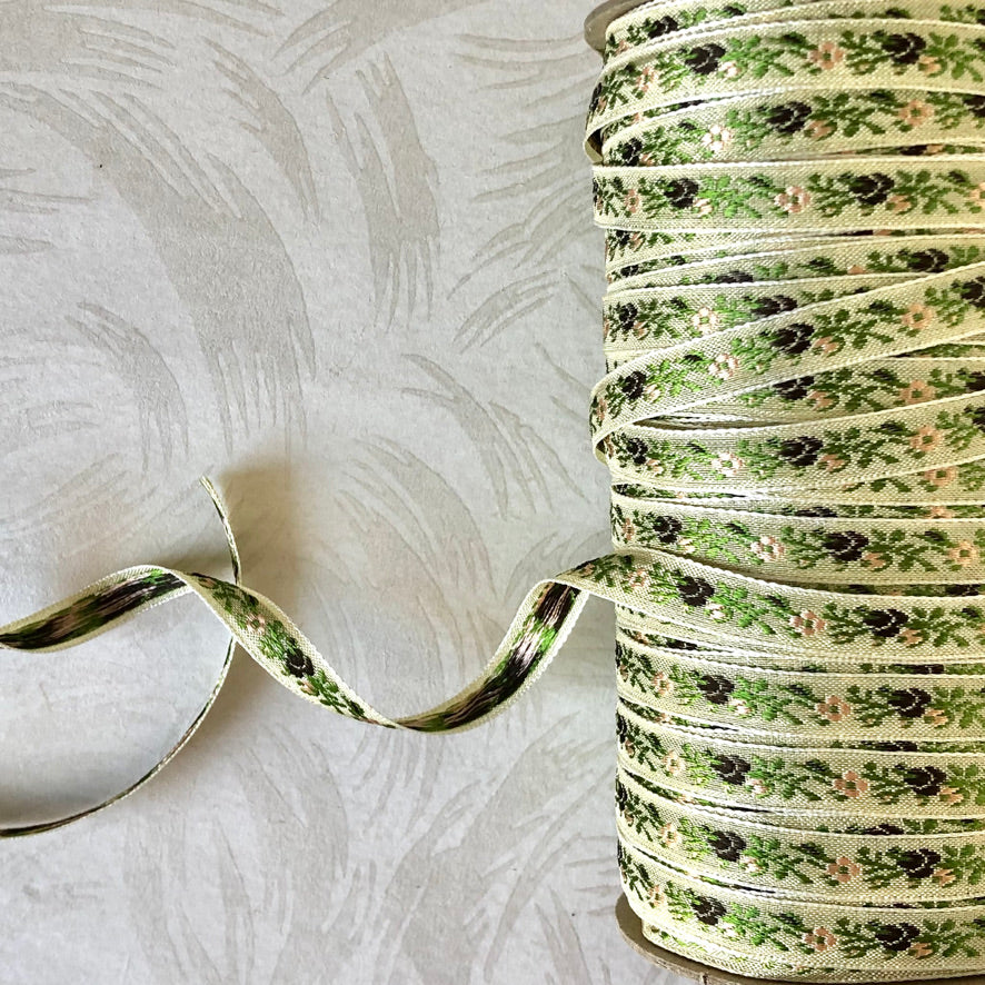 Narrow Floral Embroidered Jacquard Ribbon - Multiple Colorways