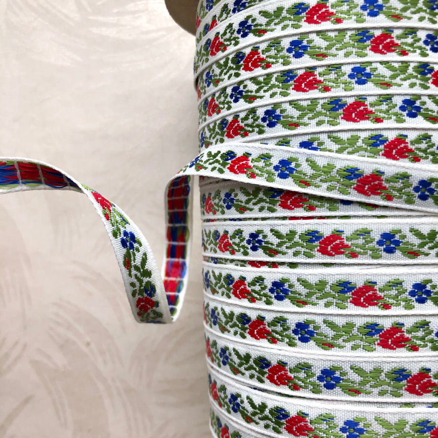 Narrow Floral Embroidered Jacquard Ribbon - Multiple Colorways
