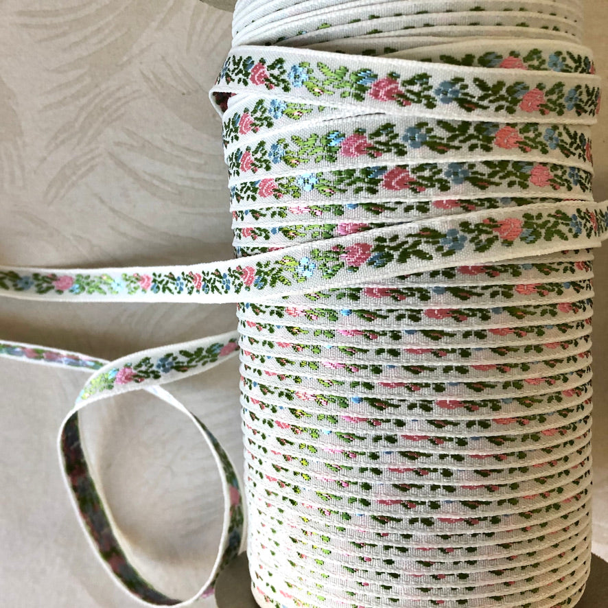 Narrow Floral Embroidered Jacquard Ribbon - Multiple Colorways