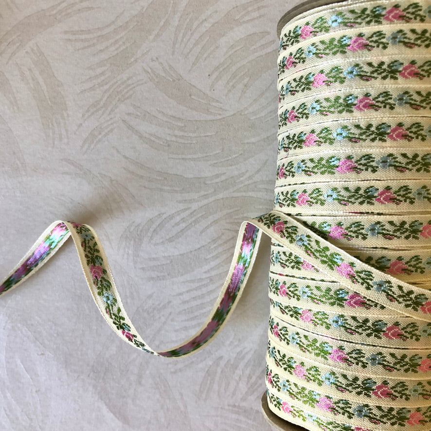 Narrow Floral Embroidered Jacquard Ribbon - Multiple Colorways