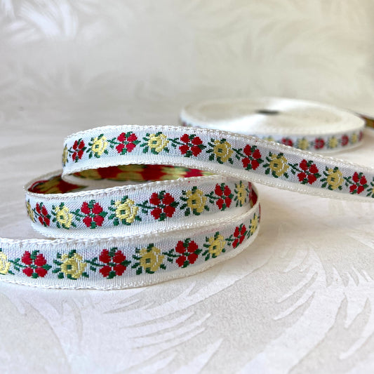 Narrow Alternating Flowers Jacquard Ribbon - Vintage - Multiple Colorways