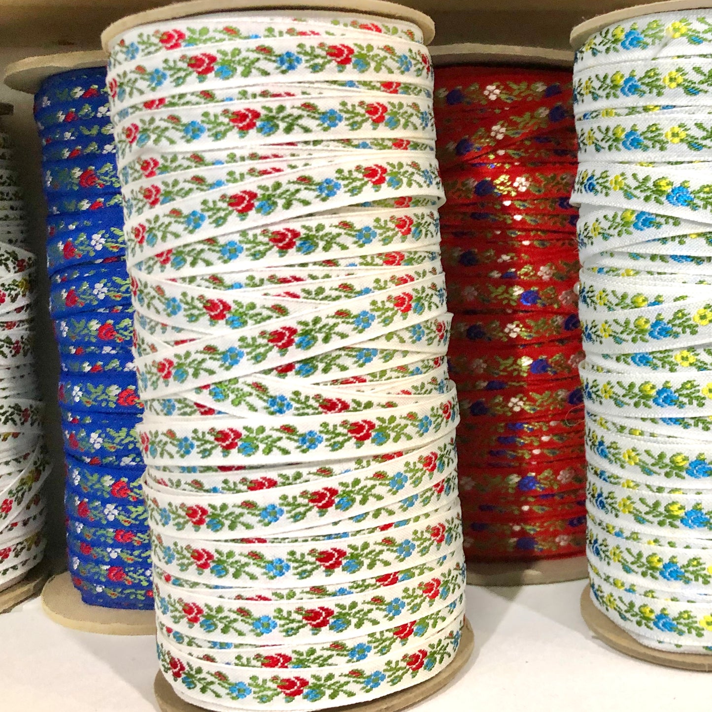 Narrow Floral Embroidered Jacquard Ribbon - Multiple Colorways
