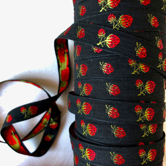Strawberry_Narrow_Jacquard_Ribbon_Red
