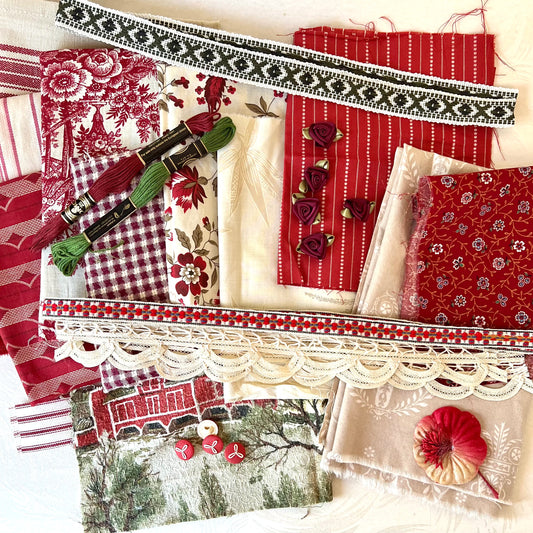 French Country Red Slow Stitch Fabric Scrap Stash