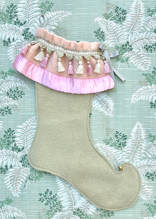 Vintage Wool Stockings - Pink & Green Tassel Fringe