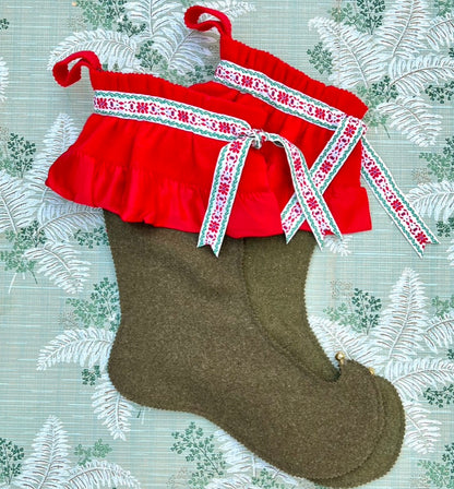 Vintage Wool Stockings - Olive Green & Festive Red