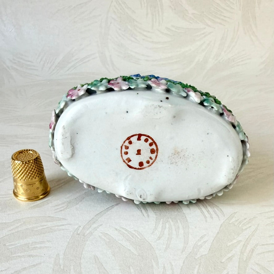 Antique German Elfinware Miniature Porcelain Basket - Mossware Applied Roses 1920s