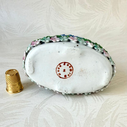Antique German Elfinware Miniature Porcelain Basket - Mossware Applied Roses 1920s