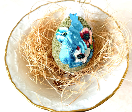 Blue Bunny Floral Egg Ornament