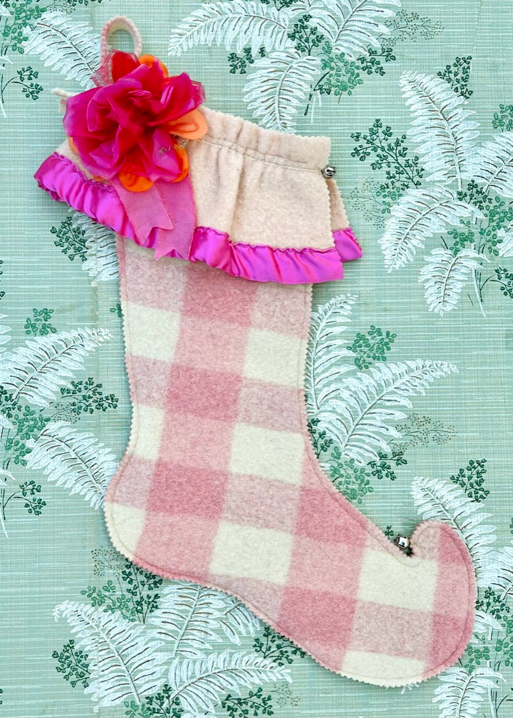 Vintage Wool Stockings - Pink Flowers on Plaid