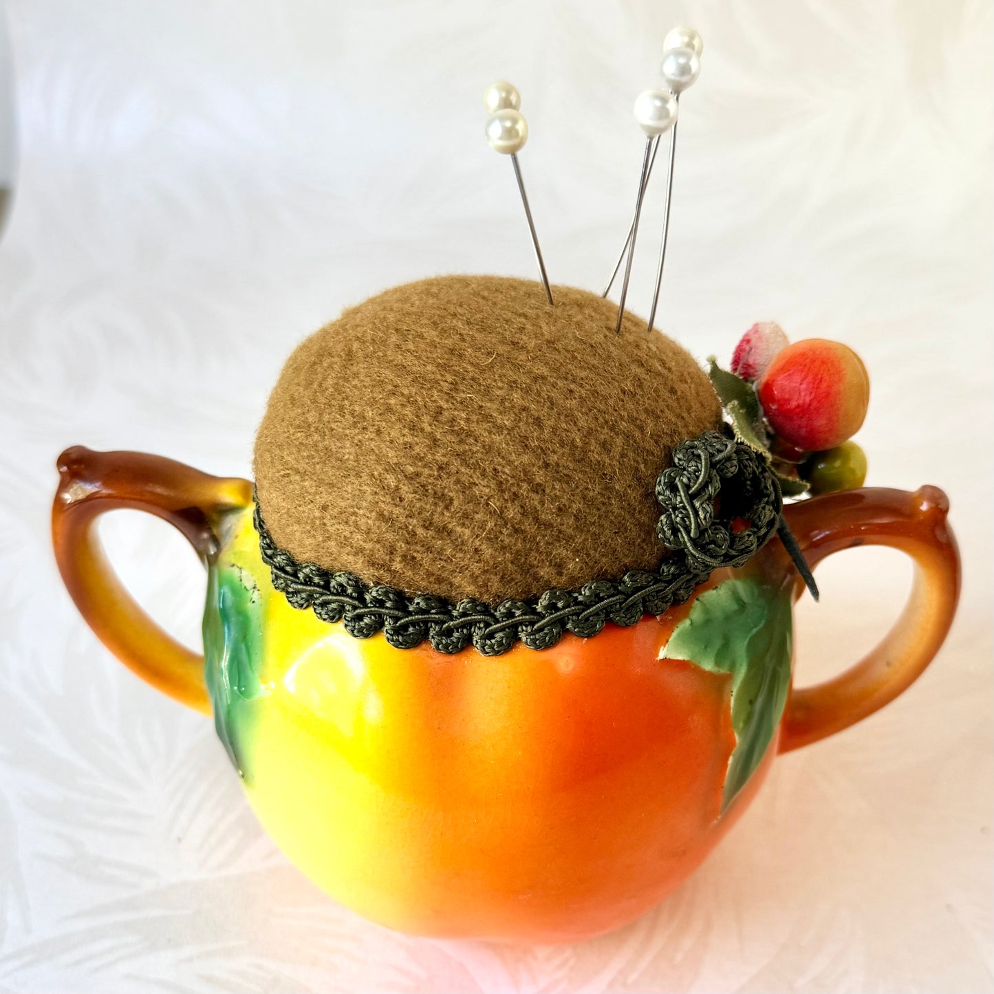 Antique Peaches Sugar & Creamer Pincushion Set