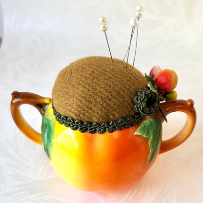 Antique Peaches Sugar & Creamer Pincushion Set