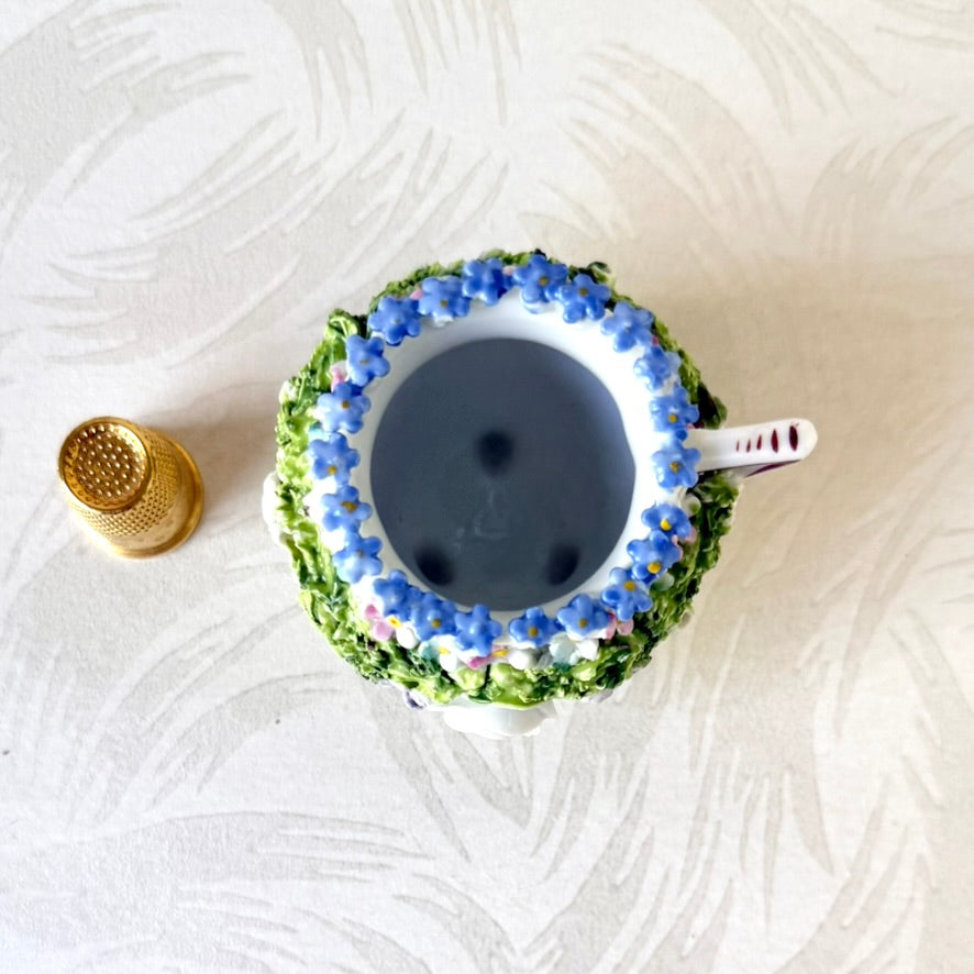 Antique German Elfinware Miniature Porcelain Cup - Mossware Encrusted Flowers 1920s