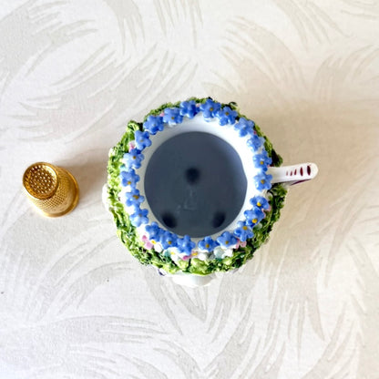 Antique German Elfinware Miniature Porcelain Cup - Mossware Encrusted Flowers 1920s