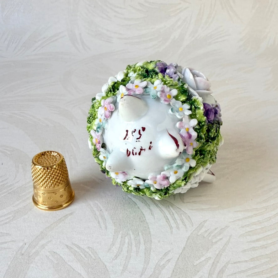 Antique German Elfinware Miniature Porcelain Cup - Mossware Encrusted Flowers 1920s