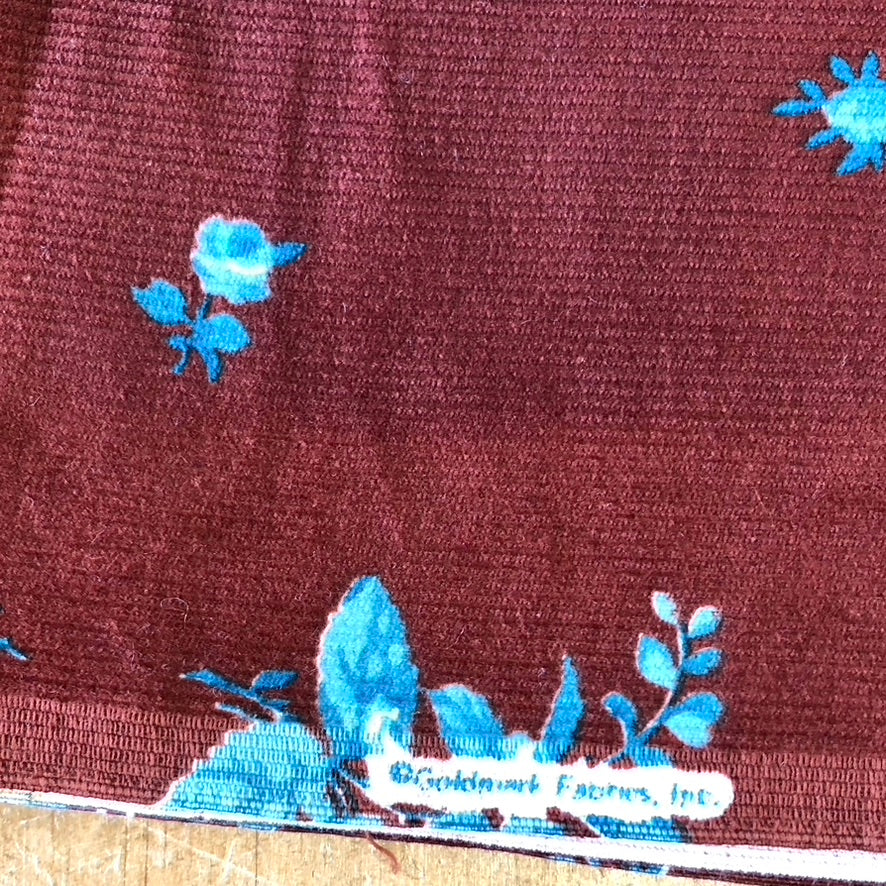Blue Flowers on Maroon Corduroy Fabric - Vintage