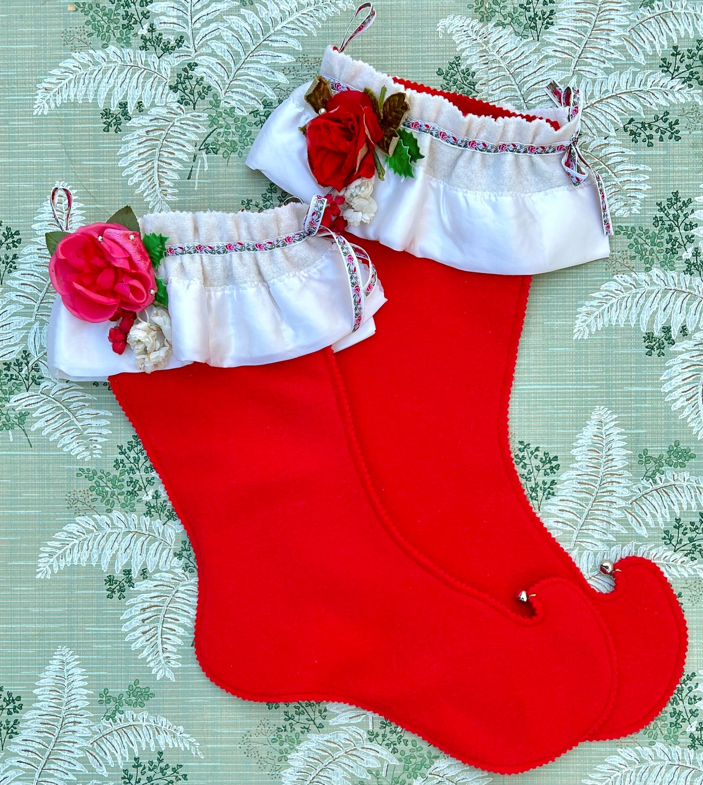 Vintage Wool Stockings - Red with White & Silk flower