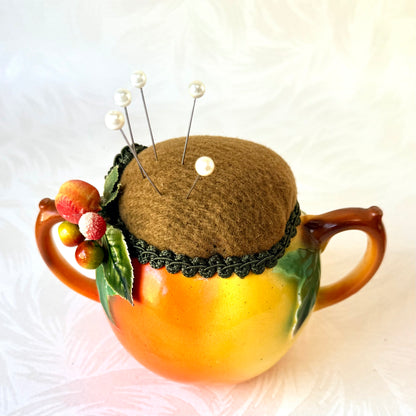 Antique Peaches Sugar & Creamer Pincushion Set