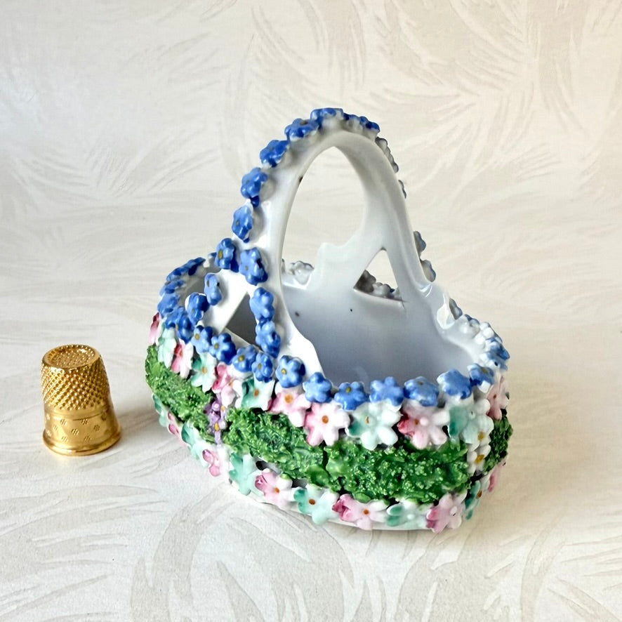 Antique German Elfinware Miniature Porcelain Basket - Mossware Applied Roses 1920s