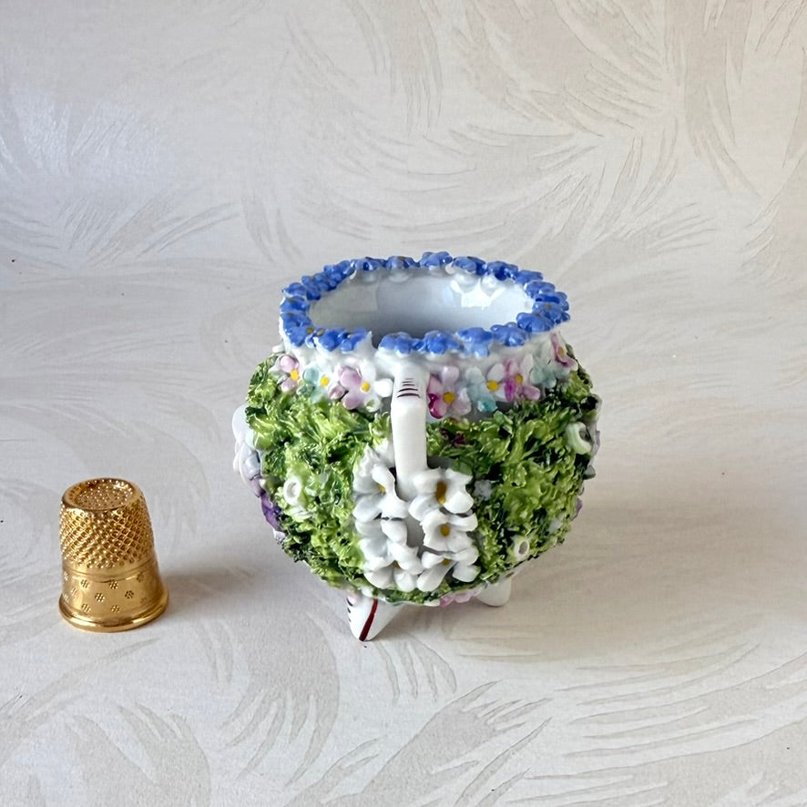 Antique German Elfinware Miniature Porcelain Cup - Mossware Encrusted Flowers 1920s