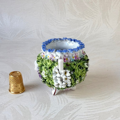 Antique German Elfinware Miniature Porcelain Cup - Mossware Encrusted Flowers 1920s