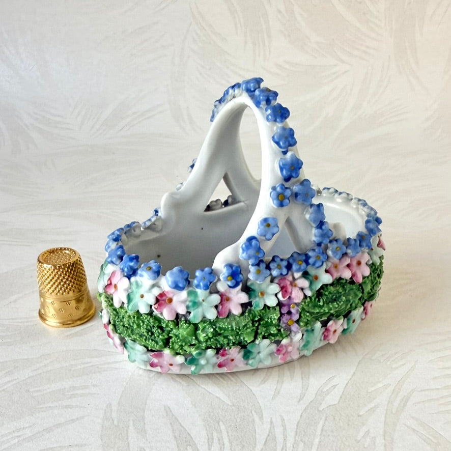 Antique German Elfinware Miniature Porcelain Basket - Mossware Applied Roses 1920s