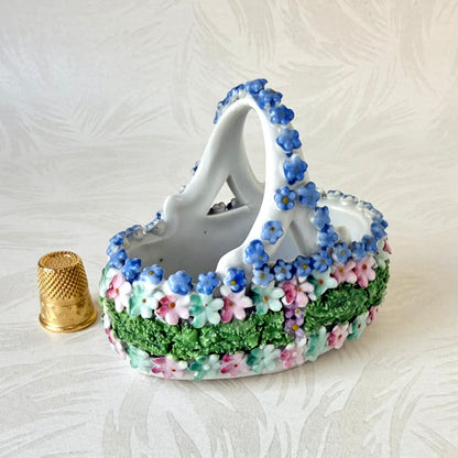 Antique German Elfinware Miniature Porcelain Basket - Mossware Applied Roses 1920s