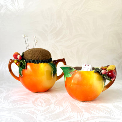 Antique Peaches Sugar & Creamer Pincushion Set