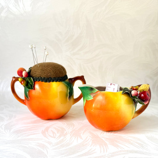 Antique Peaches Sugar & Creamer Pincushion Set