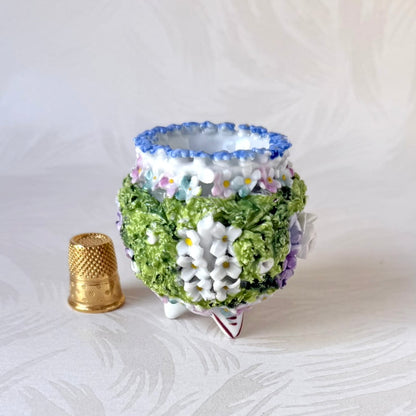 Antique German Elfinware Miniature Porcelain Cup - Mossware Encrusted Flowers 1920s
