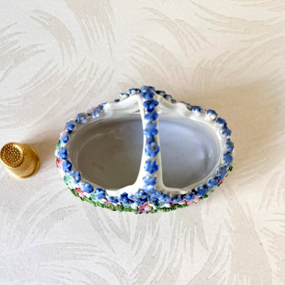 Antique German Elfinware Miniature Porcelain Basket - Mossware Applied Roses 1920s