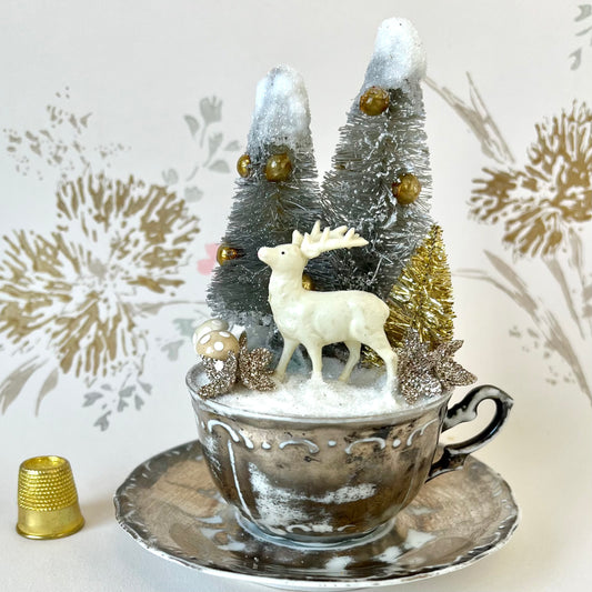 Antique Silvered Teacup Petite Winter Scene